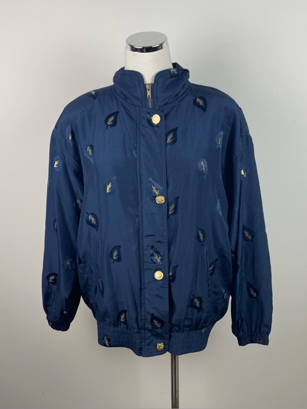 Abvien Vintage Silk Navy Blue Tan Gold Full Zip Leaf Pattern Jacket Women Small